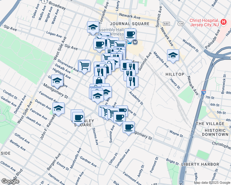 map of restaurants, bars, coffee shops, grocery stores, and more near Vroom Street in Jersey City