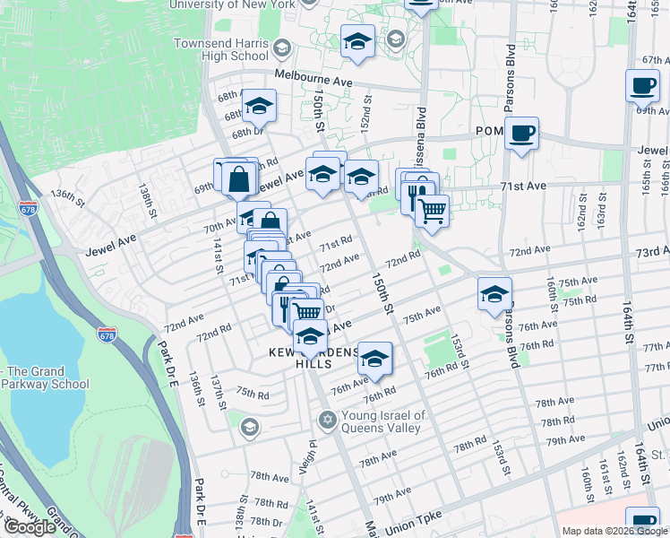 map of restaurants, bars, coffee shops, grocery stores, and more near 14716 71st Road in Queens