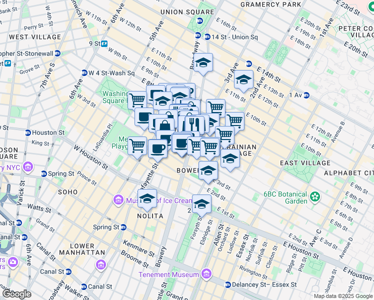 map of restaurants, bars, coffee shops, grocery stores, and more near 21 Cooper Square in New York
