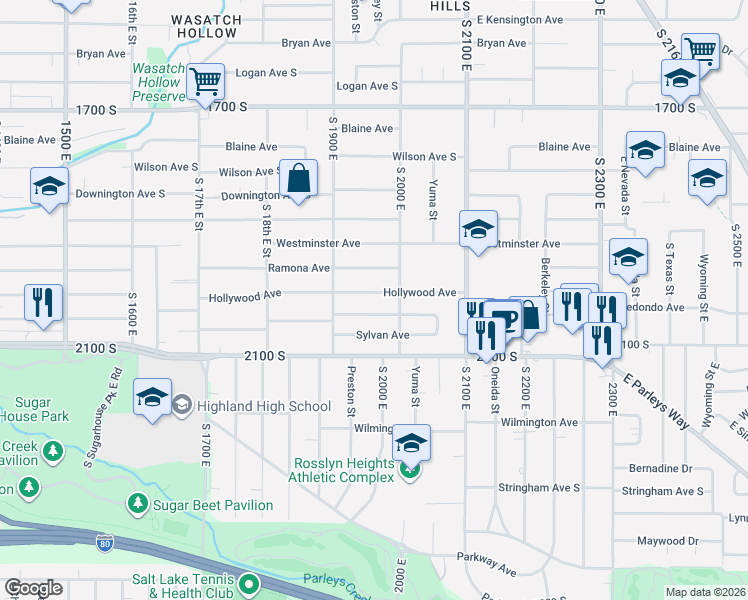 map of restaurants, bars, coffee shops, grocery stores, and more near 1930 Ramona Avenue in Salt Lake City