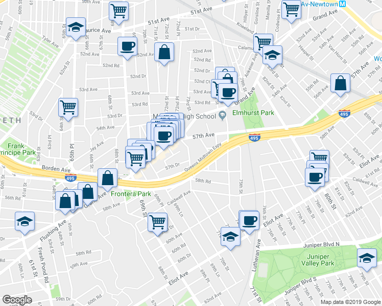 map of restaurants, bars, coffee shops, grocery stores, and more near 57-39 Mazeau Street in Queens