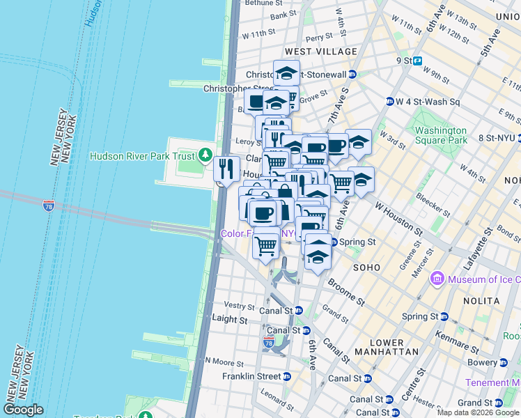 map of restaurants, bars, coffee shops, grocery stores, and more near 120 King Street in New York