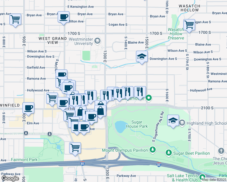 map of restaurants, bars, coffee shops, grocery stores, and more near 1362 Ramona Avenue in Salt Lake City