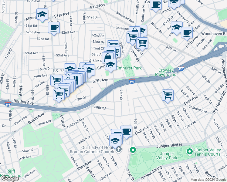 map of restaurants, bars, coffee shops, grocery stores, and more near 73-41 Queens Midtown Expressway in Queens