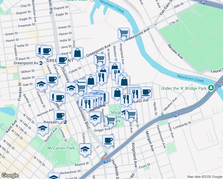 map of restaurants, bars, coffee shops, grocery stores, and more near 239 North Henry Street in Brooklyn