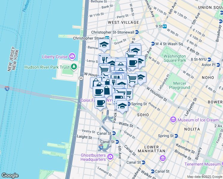 map of restaurants, bars, coffee shops, grocery stores, and more near in New York