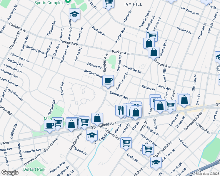 map of restaurants, bars, coffee shops, grocery stores, and more near 22 Orchard Road in Maplewood