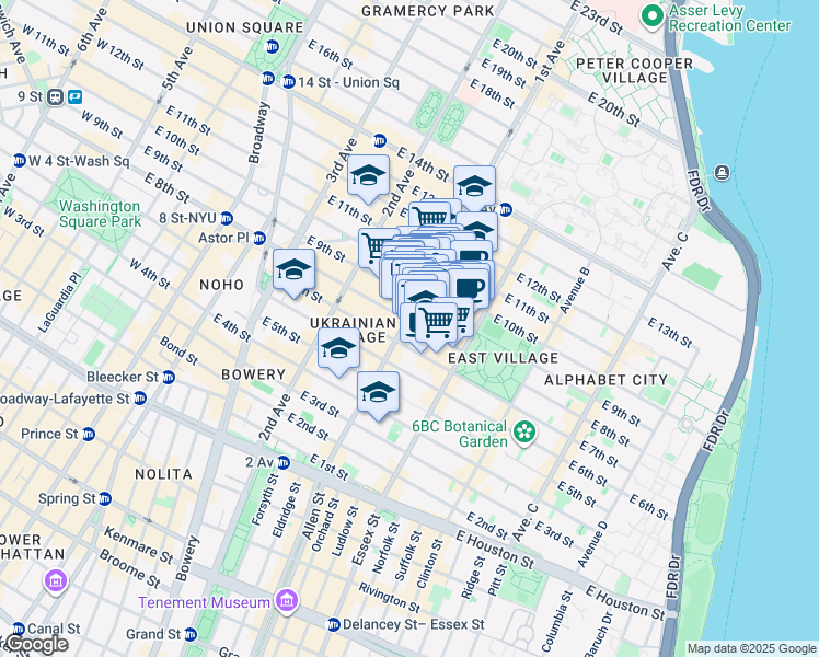 map of restaurants, bars, coffee shops, grocery stores, and more near 246 East 10th Street in New York