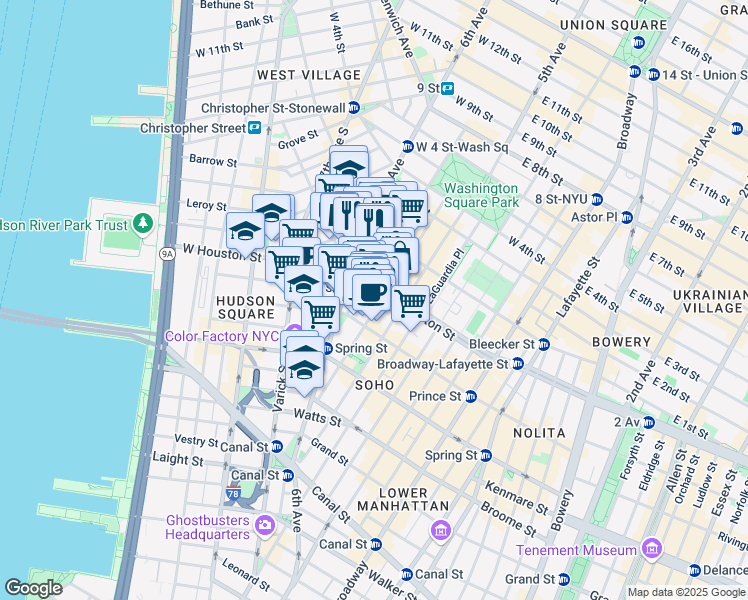 map of restaurants, bars, coffee shops, grocery stores, and more near Ave of the Americas in New York