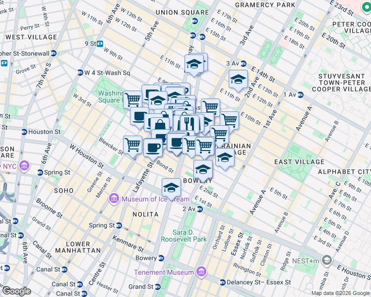 map of restaurants, bars, coffee shops, grocery stores, and more near 21 Cooper Square in New York