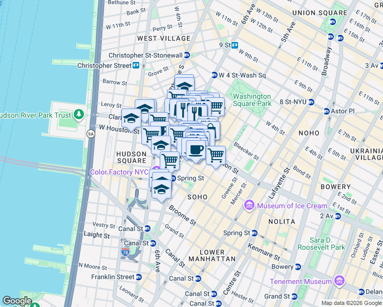 map of restaurants, bars, coffee shops, grocery stores, and more near Ave of the Americas in New York