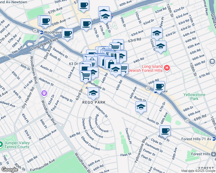 map of restaurants, bars, coffee shops, grocery stores, and more near 64-56 Booth Street in Queens