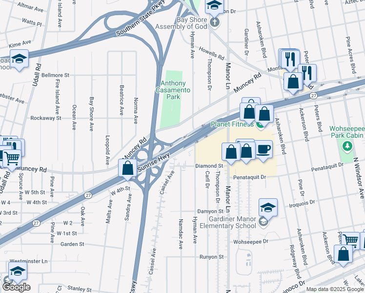 map of restaurants, bars, coffee shops, grocery stores, and more near 2040 Sunrise Highway in Bay Shore