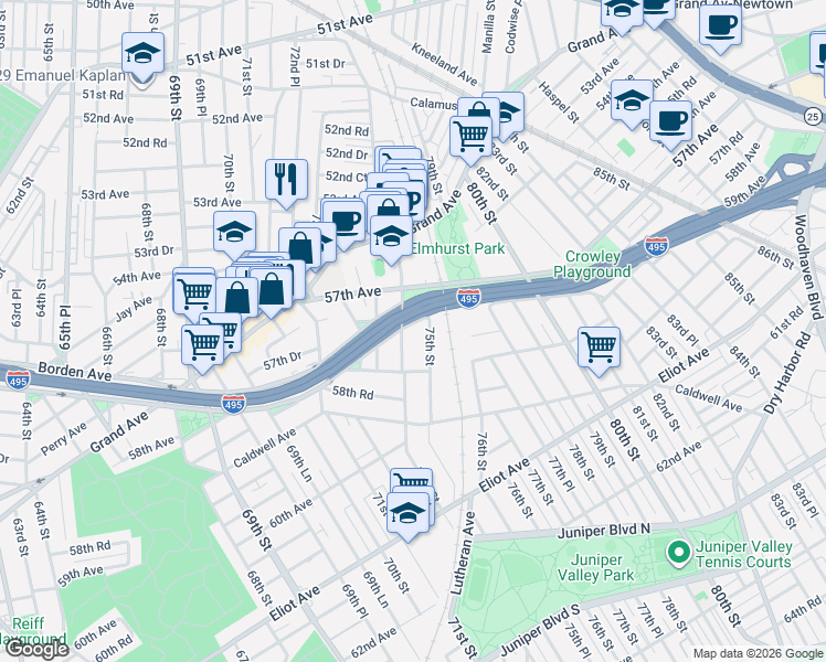 map of restaurants, bars, coffee shops, grocery stores, and more near 57-45 74th Street in Queens