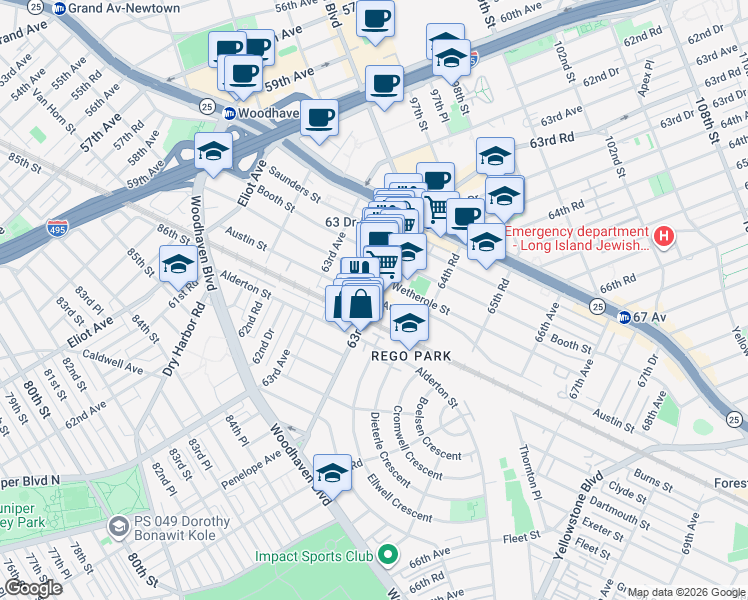 map of restaurants, bars, coffee shops, grocery stores, and more near 63-95 Austin Street in Queens