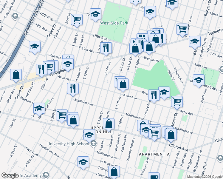 map of restaurants, bars, coffee shops, grocery stores, and more near 739 South 12th Street in Newark