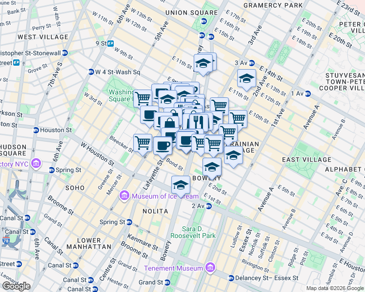 map of restaurants, bars, coffee shops, grocery stores, and more near 28 East 4th Street in New York