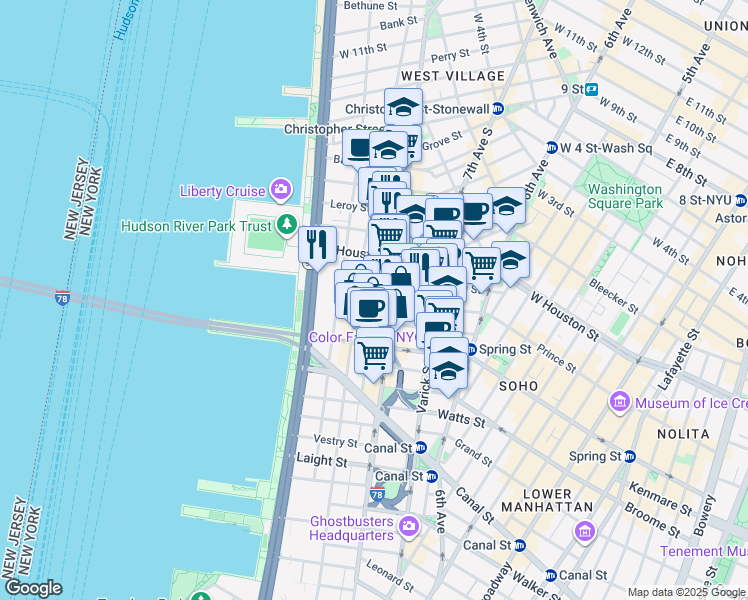 map of restaurants, bars, coffee shops, grocery stores, and more near 105 Charlton Street in New York