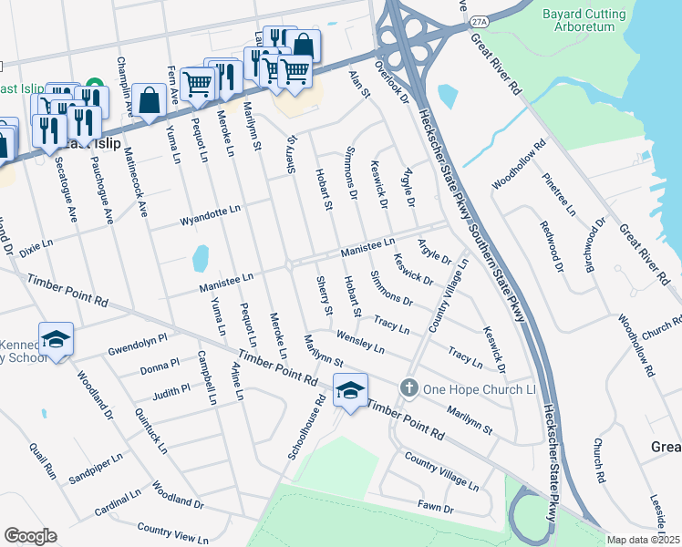 map of restaurants, bars, coffee shops, grocery stores, and more near 116 Manistee Lane in East Islip