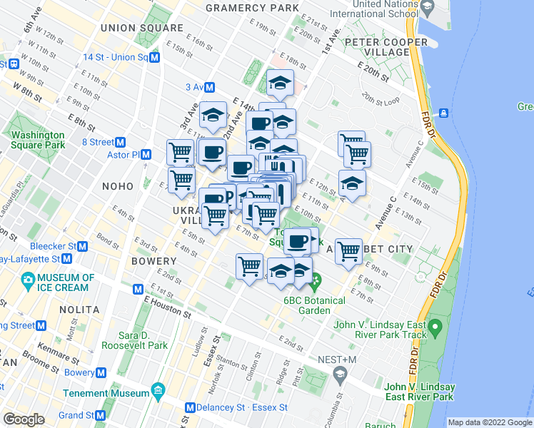 map of restaurants, bars, coffee shops, grocery stores, and more near 291 East 10th Street in New York