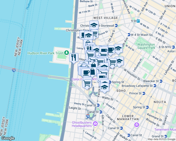 map of restaurants, bars, coffee shops, grocery stores, and more near 120 King Street in New York