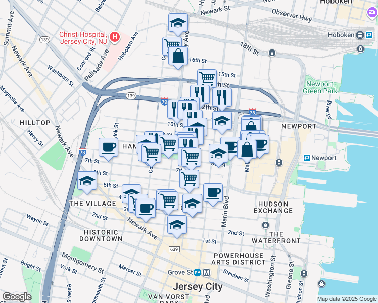 map of restaurants, bars, coffee shops, grocery stores, and more near 235 Pavonia Avenue in Jersey City