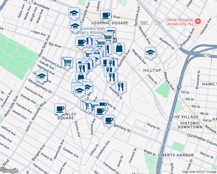 map of restaurants, bars, coffee shops, grocery stores, and more near 221 Academy Street in Jersey City
