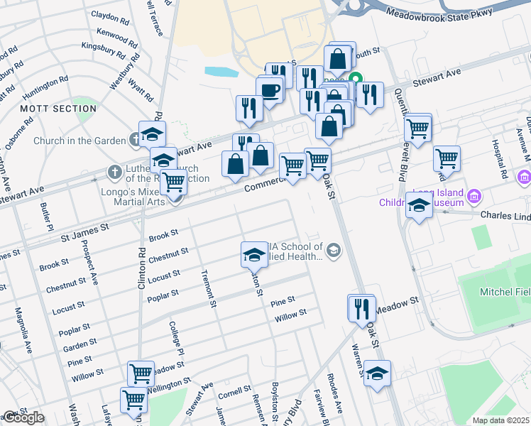 map of restaurants, bars, coffee shops, grocery stores, and more near 169 Brook Street in Garden City