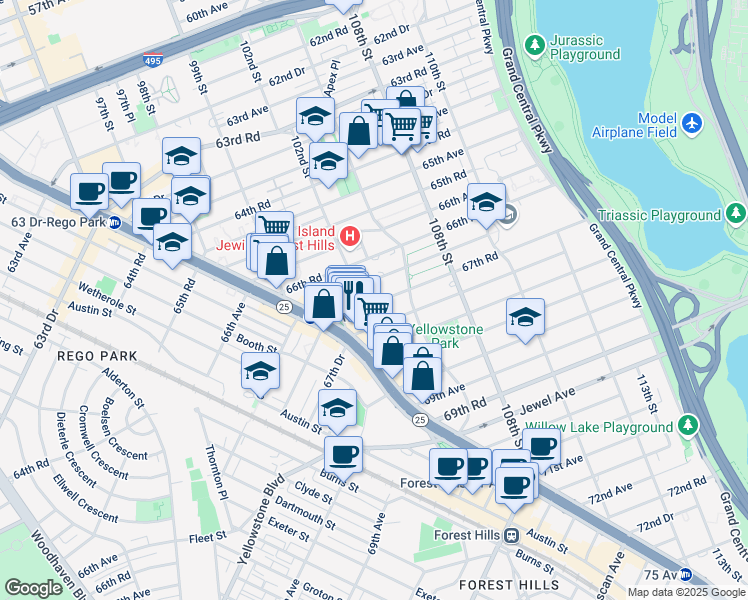 map of restaurants, bars, coffee shops, grocery stores, and more near 102-31 67th Avenue in Queens