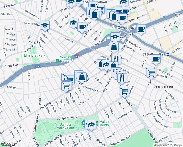 map of restaurants, bars, coffee shops, grocery stores, and more near 84-13 60th Drive in Queens