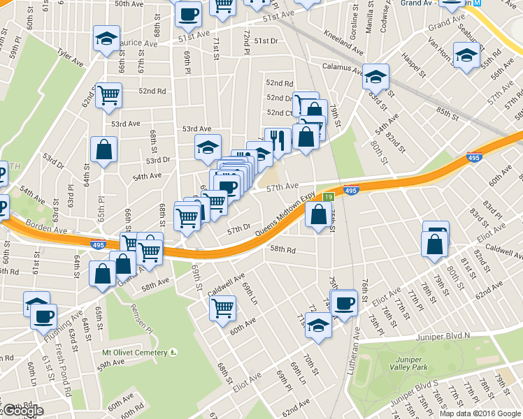 map of restaurants, bars, coffee shops, grocery stores, and more near 72-30 57th Avenue in Queens