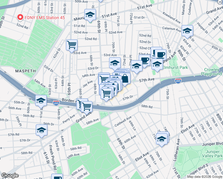 map of restaurants, bars, coffee shops, grocery stores, and more near 54-35 69th Place in Queens
