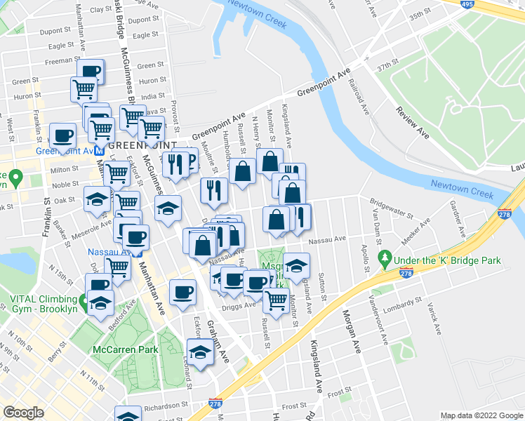 map of restaurants, bars, coffee shops, grocery stores, and more near 239 North Henry Street in Brooklyn