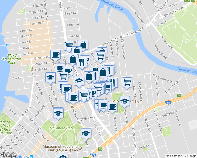map of restaurants, bars, coffee shops, grocery stores, and more near 80 Jewel Street in Brooklyn