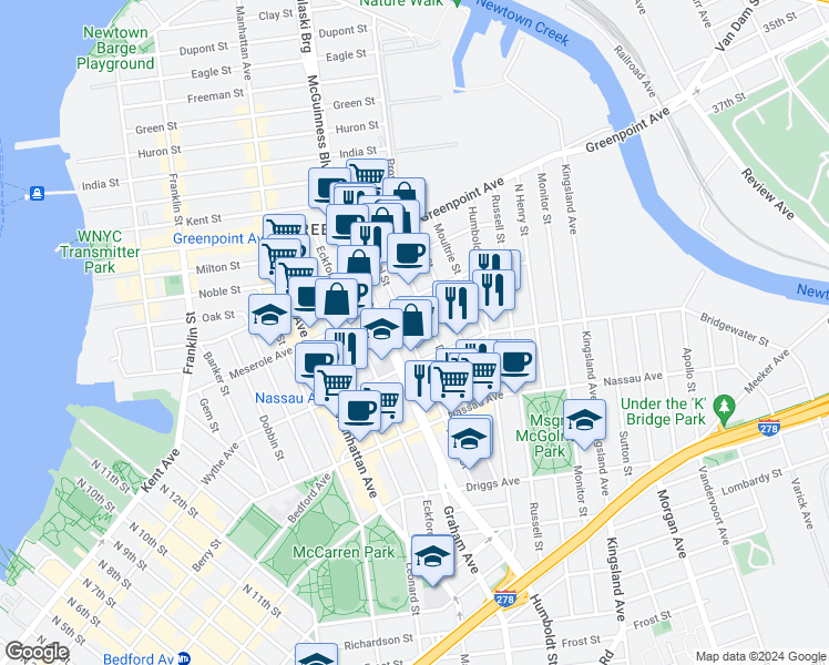 map of restaurants, bars, coffee shops, grocery stores, and more near 167 Diamond Street in Brooklyn