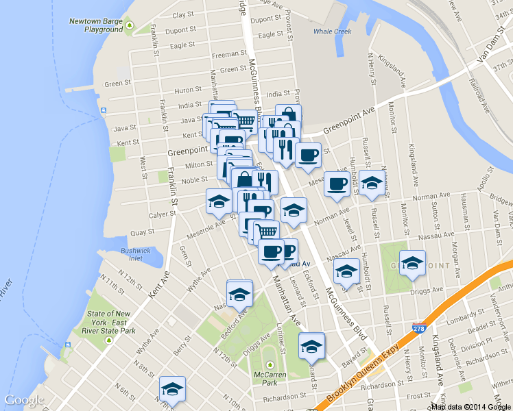 map of restaurants, bars, coffee shops, grocery stores, and more near 257 Eckford Street in Brooklyn