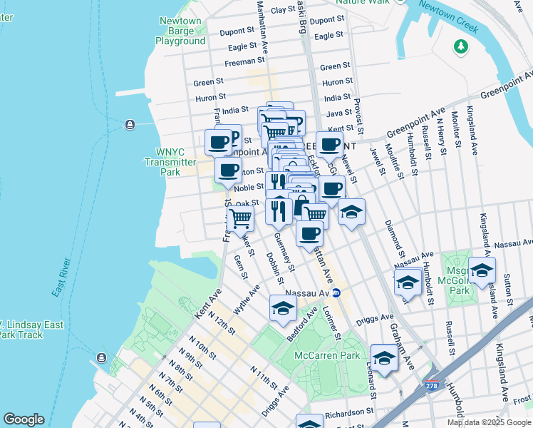 map of restaurants, bars, coffee shops, grocery stores, and more near 1097 Lorimer Street in Brooklyn
