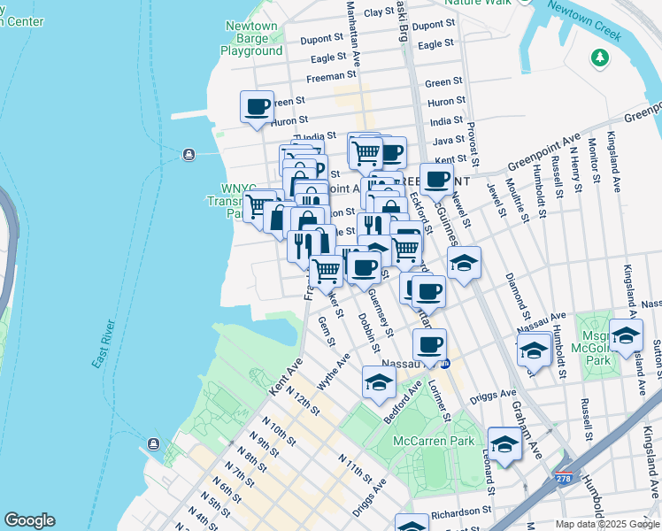 map of restaurants, bars, coffee shops, grocery stores, and more near 121 Oak Street in Brooklyn