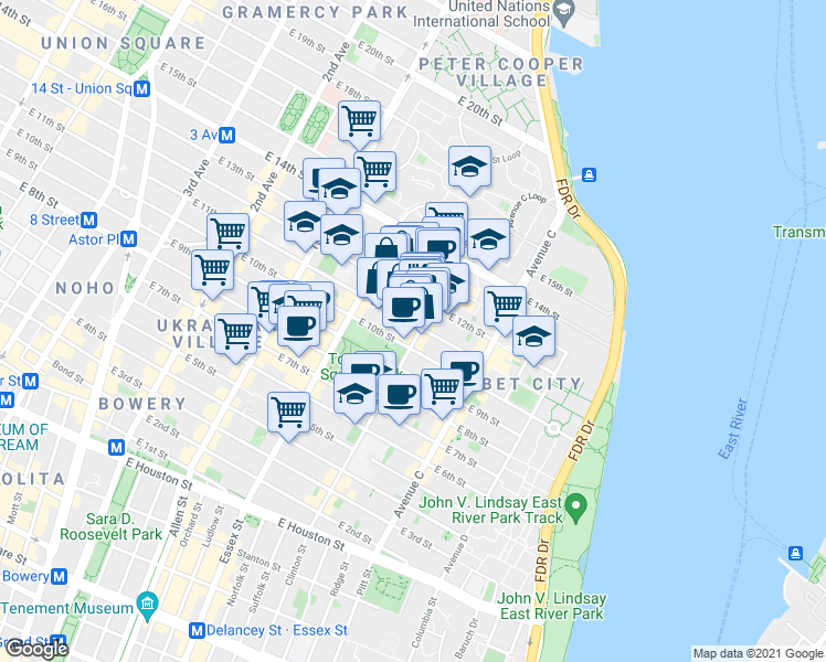 map of restaurants, bars, coffee shops, grocery stores, and more near in New York