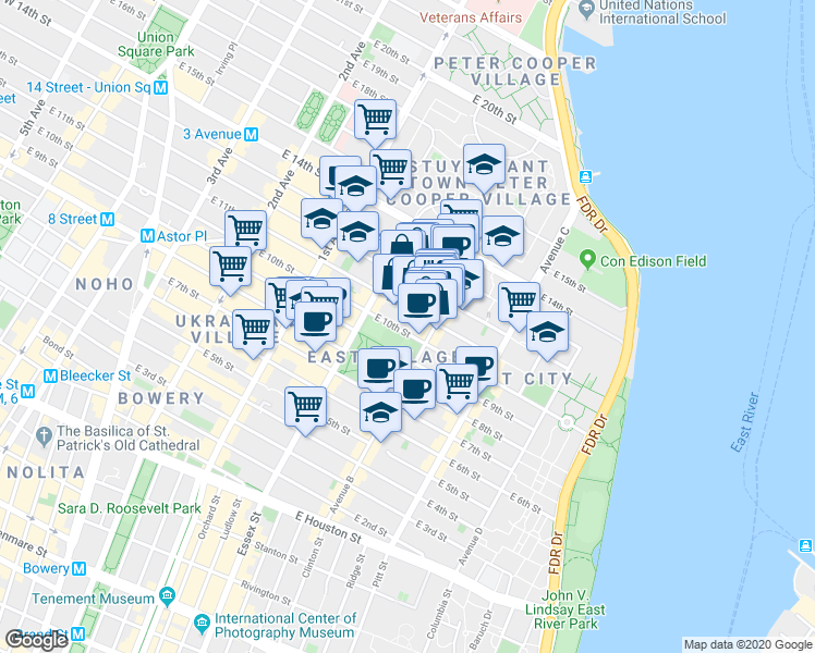 map of restaurants, bars, coffee shops, grocery stores, and more near in New York