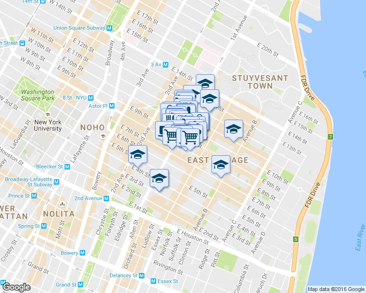 map of restaurants, bars, coffee shops, grocery stores, and more near 246 East 10th Street in New York
