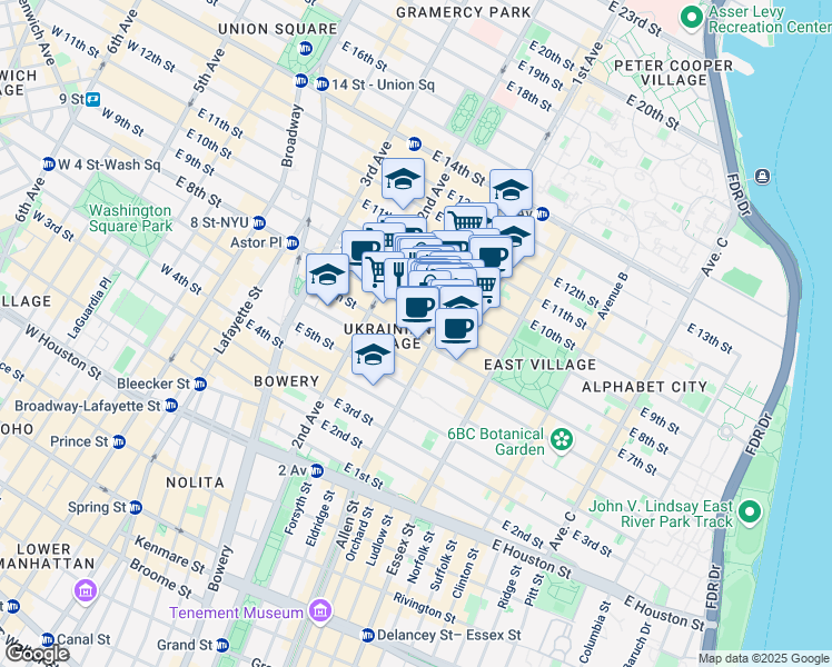 map of restaurants, bars, coffee shops, grocery stores, and more near 69 Saint Marks Place in New York