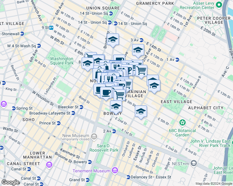 map of restaurants, bars, coffee shops, grocery stores, and more near 31 Cooper Square in New York