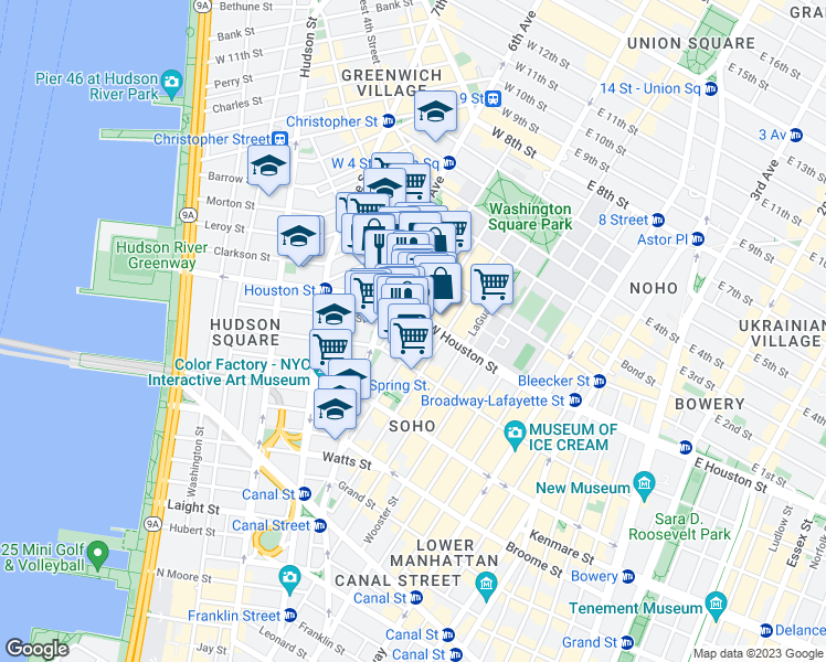 map of restaurants, bars, coffee shops, grocery stores, and more near Ave of the Americas in New York