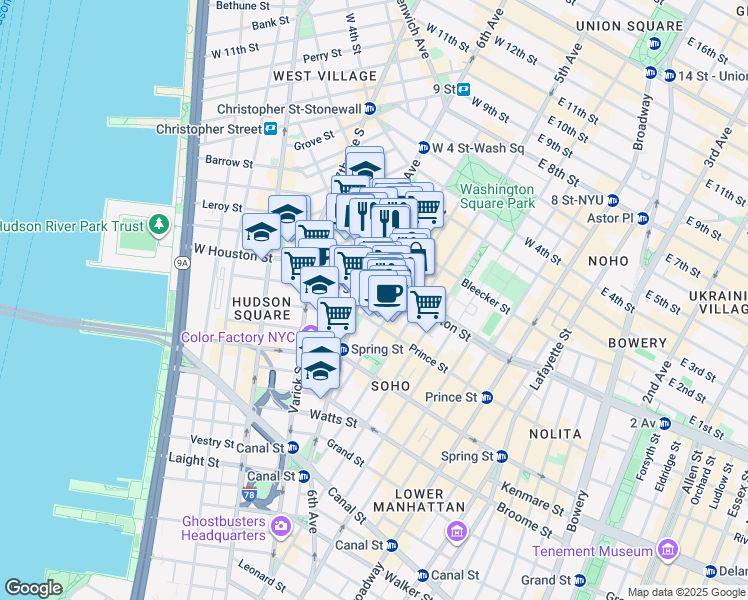 map of restaurants, bars, coffee shops, grocery stores, and more near Ave of the Americas in New York