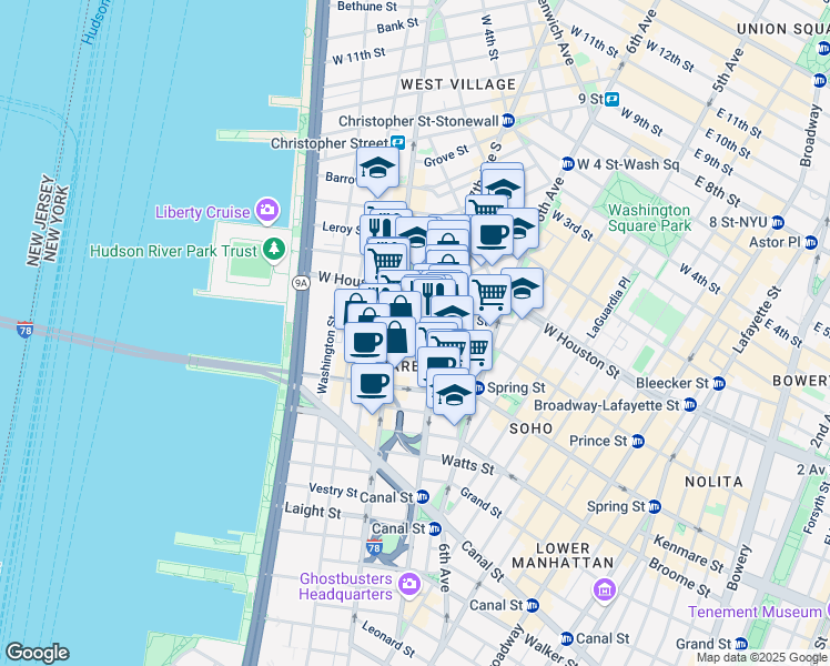 map of restaurants, bars, coffee shops, grocery stores, and more near 375 Hudson Street in New York