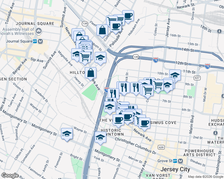 map of restaurants, bars, coffee shops, grocery stores, and more near 407 8th Street in Jersey City