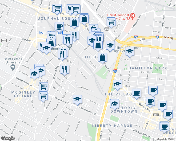 map of restaurants, bars, coffee shops, grocery stores, and more near 39 Alan Terrace in Jersey City