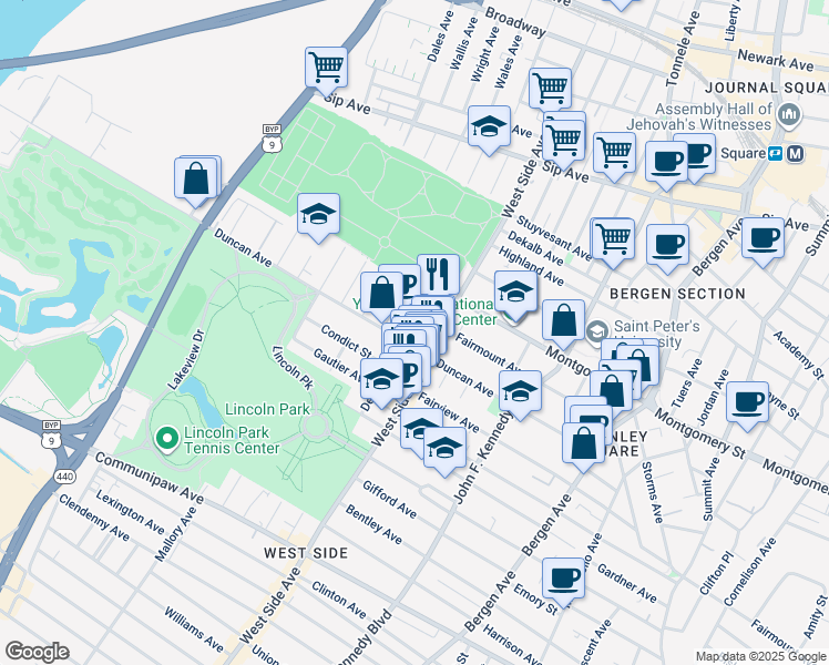 map of restaurants, bars, coffee shops, grocery stores, and more near 208 Olean Avenue in Jersey City
