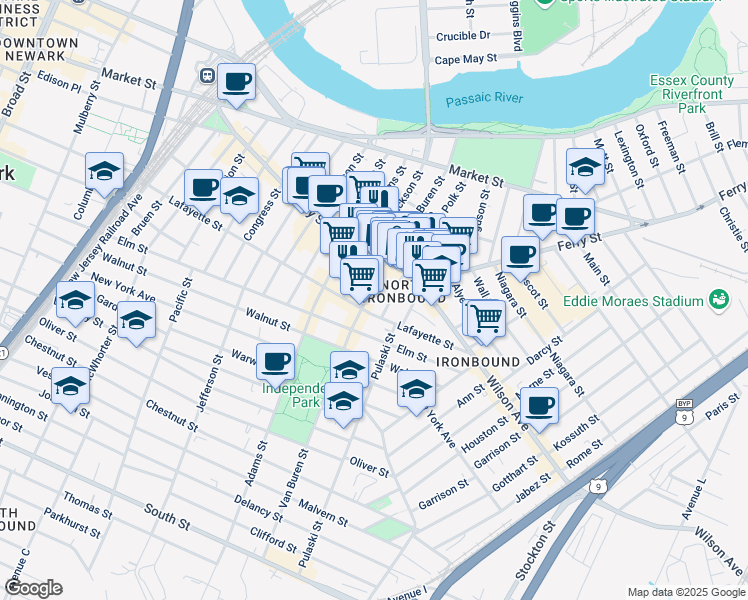 map of restaurants, bars, coffee shops, grocery stores, and more near in Newark